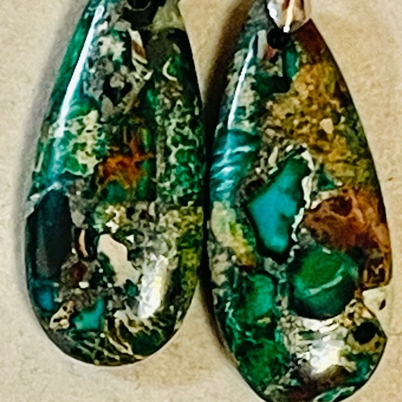 VTG Green Imperial Jasper Teardrop Earrings 925 Sterling Silver Clasp - Picture 2 of 7